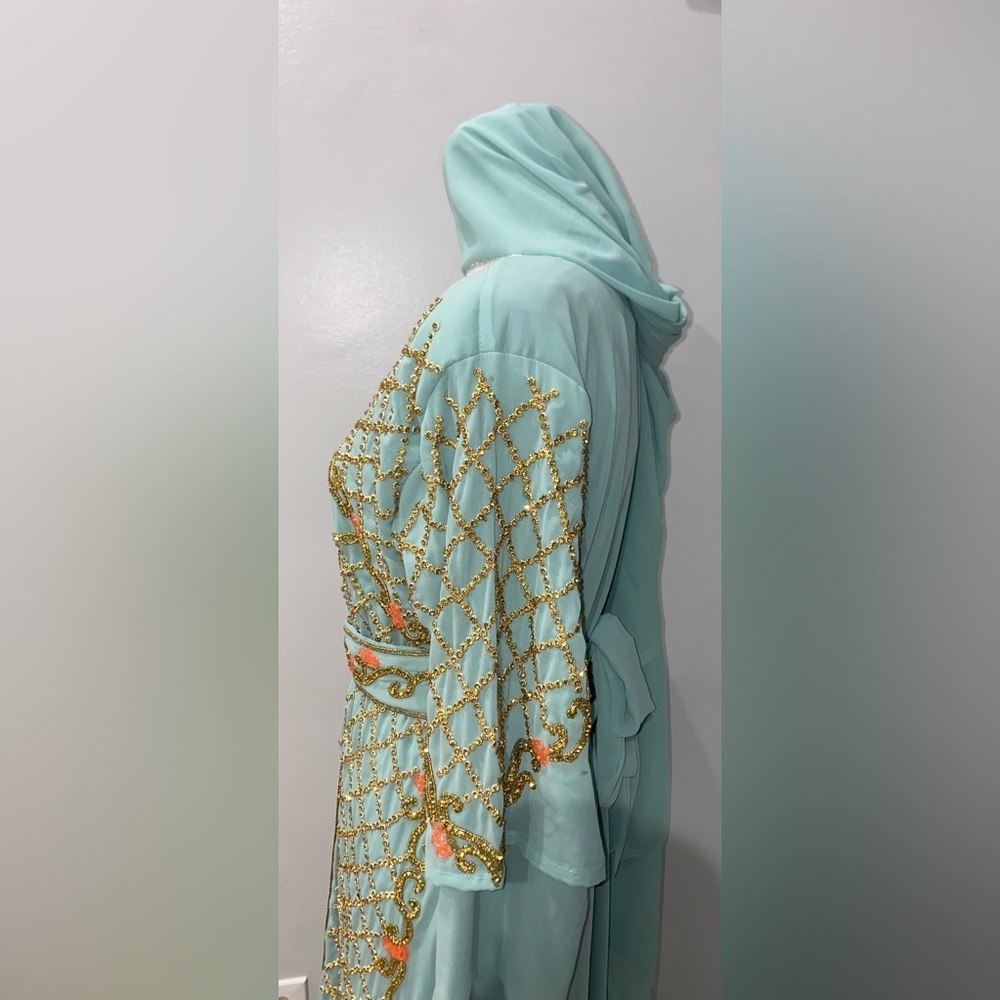 Blue & Gold fully beaded chiffon maxi kaftan with scarf size medium new - Picture 7 of 10